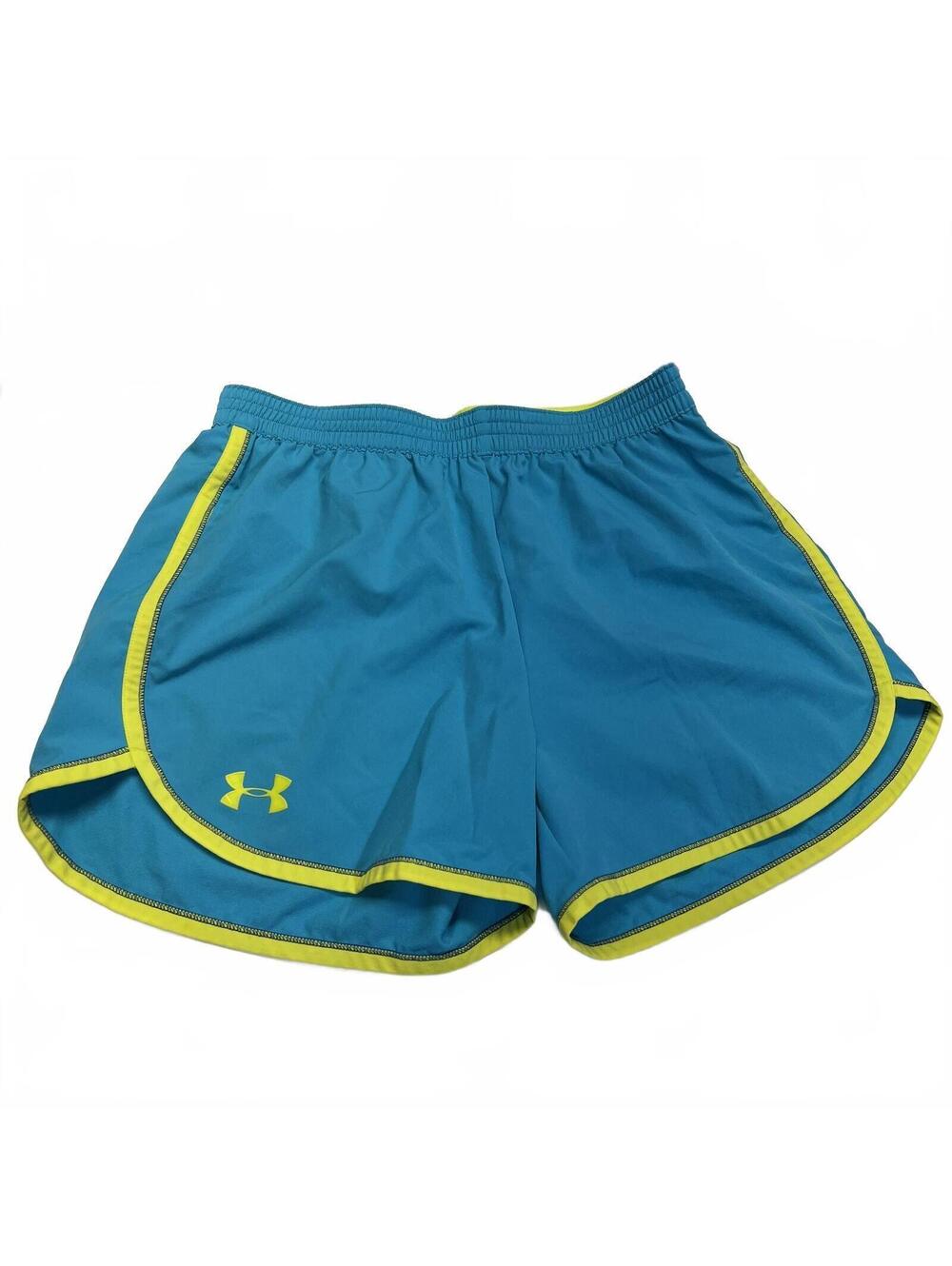 Under Armour Women's Medium Teal Blue Running Shorts Yellow Trim Loose Fit